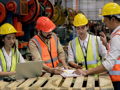 Engineering team meeting with technician and worker operating. Teamwork of industrial factory and manufacturing concept.